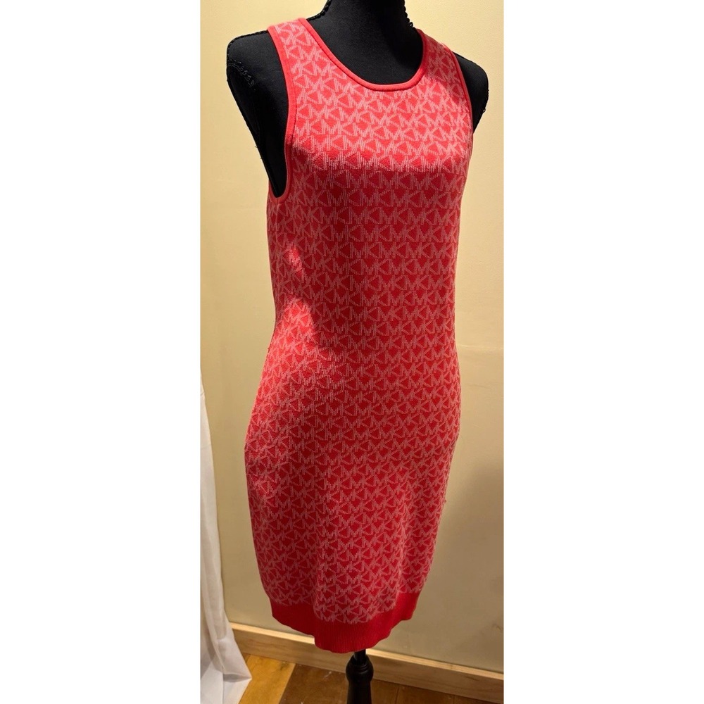 Stretchy Michael Kors Red Logo Pattern Knit Sheath Tank Dress Round Neck Large